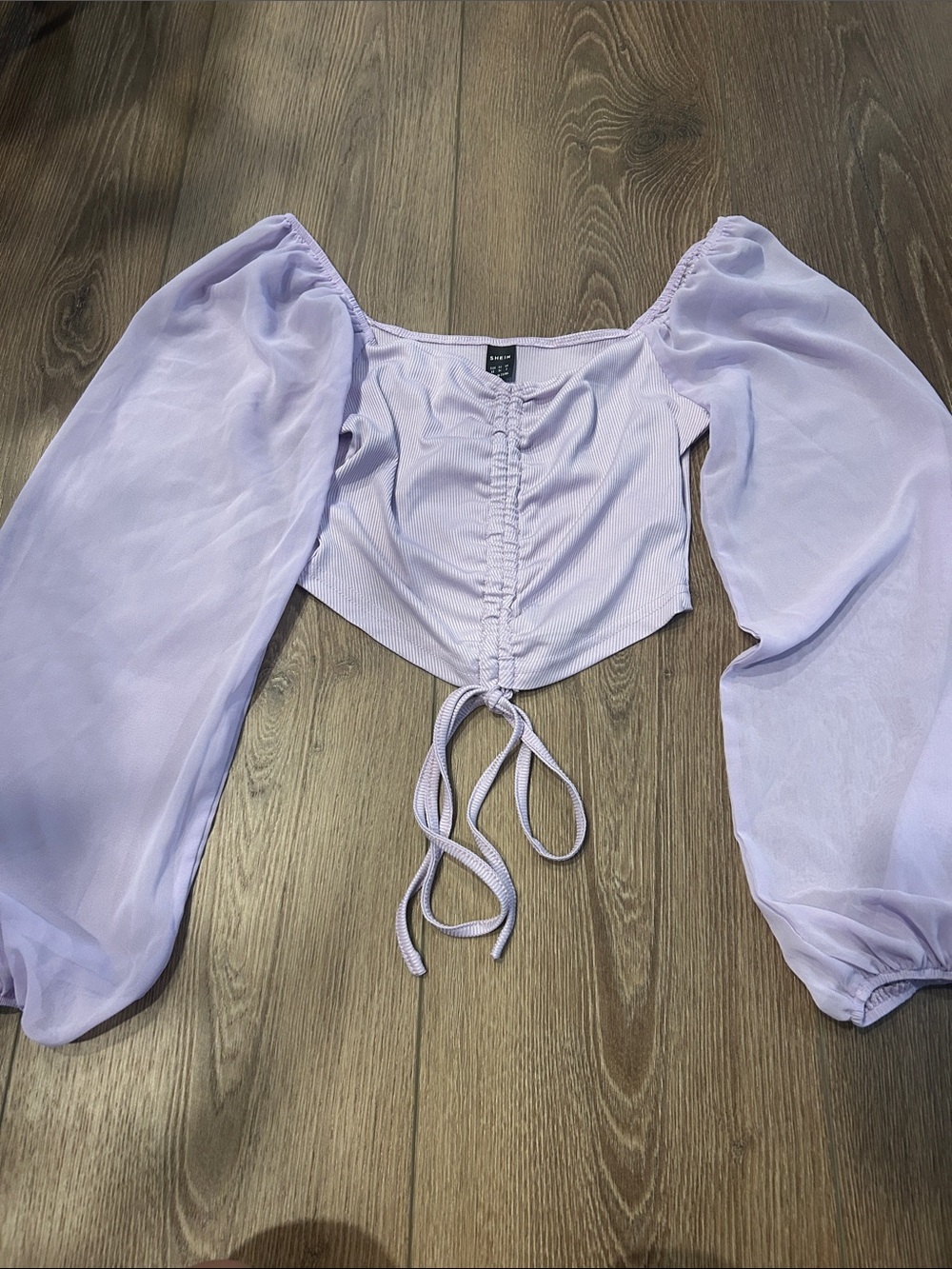 SHEIN Lavender Puff Sleeve Tie-Front Crop Top